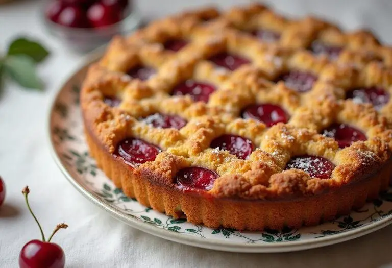 Fertiger Kirsch Streuselkuchen mit Puddingfüllung, perfect für jede Kaffeetafel.