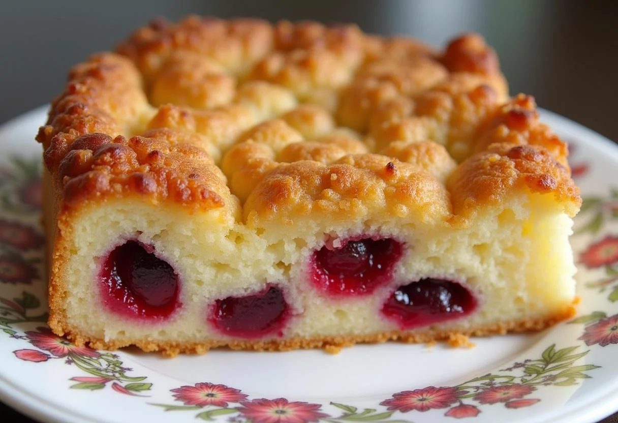 Fertiger Kirsch Streuselkuchen mit Puddingfüllung, perfect für jede Kaffeetafel.