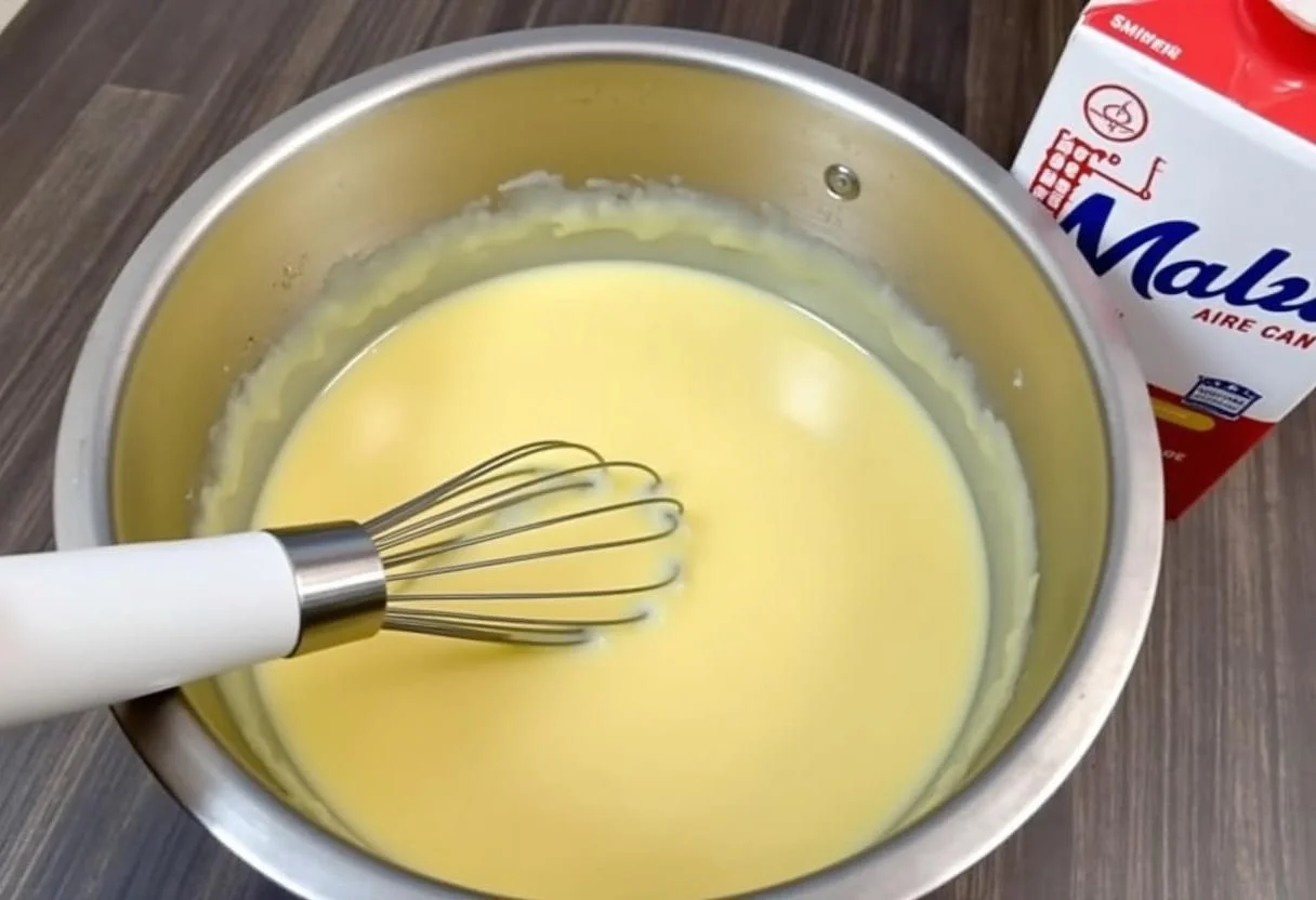 Creme für die Puddingfüllung des Kirsch Streuselkuchens wird zubereitet.