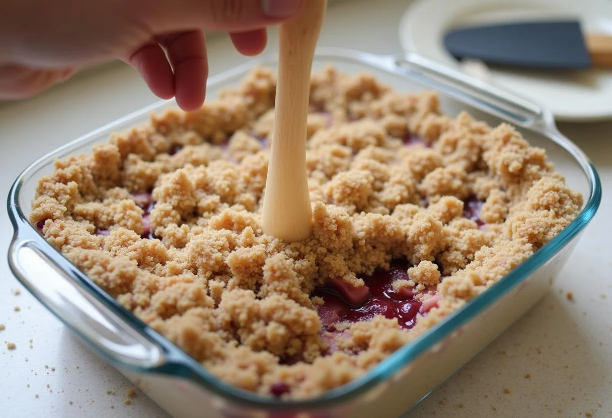 Streusel werden auf den Kirsch Streuselkuchen mit Puddingfüllung verteilt.