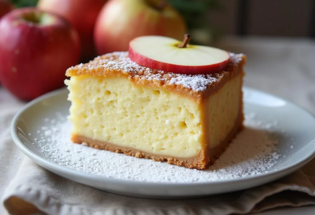 Fertiger Apfel Quark Kuchen ohne Boden, perfekt serviert mit Apfelscheiben und Puderzucker.