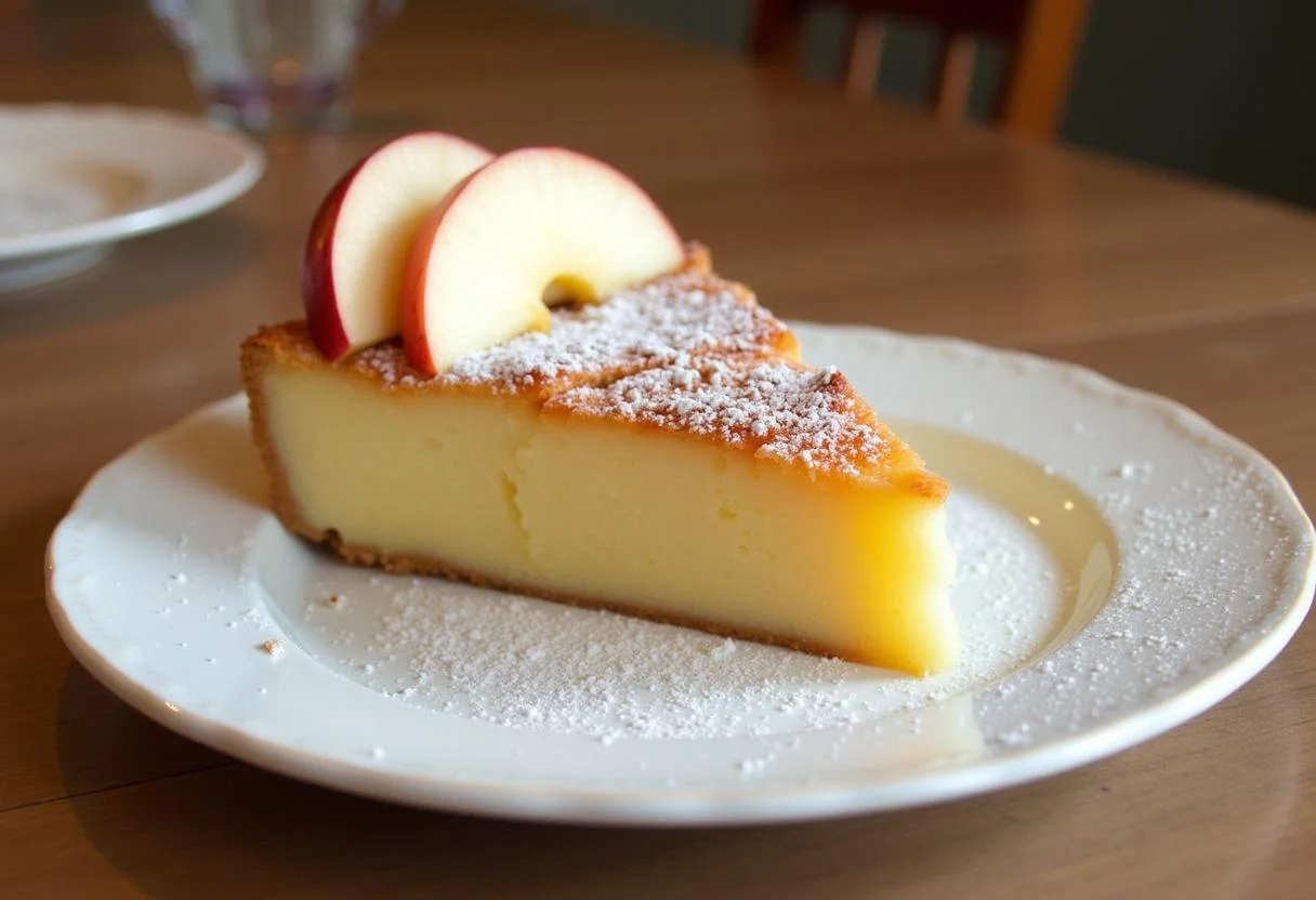 Fertiger Apfel Quark Kuchen ohne Boden, perfekt serviert mit Apfelscheiben und Puderzucker.