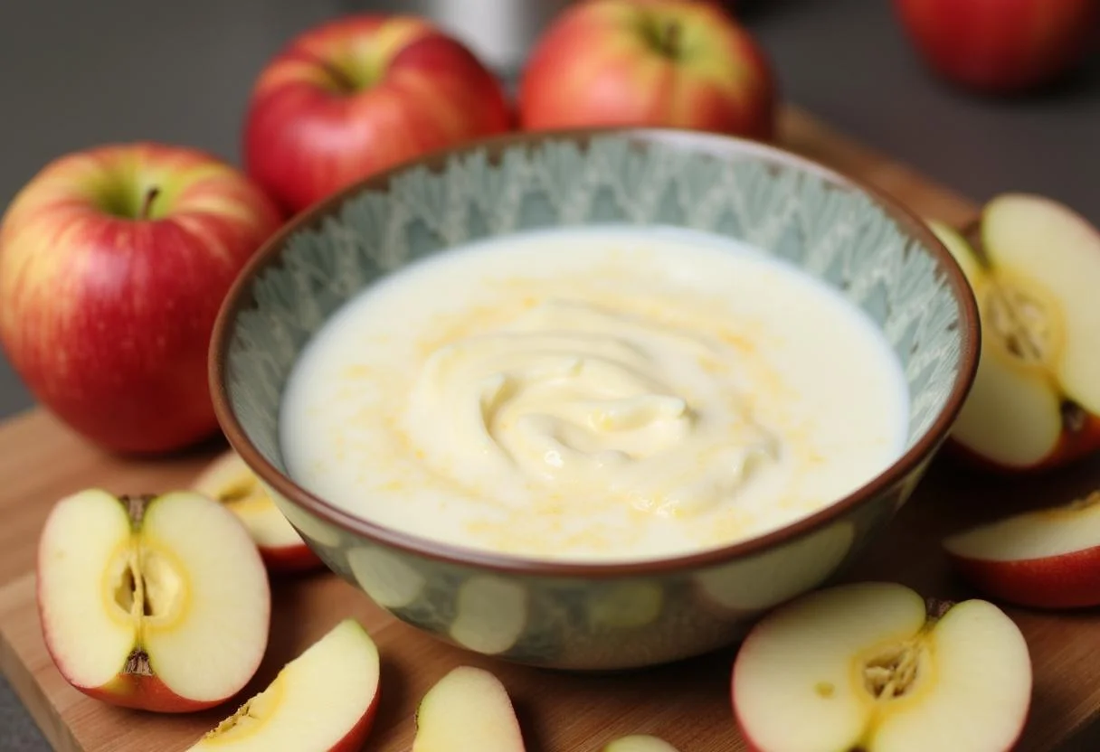 Zutaten für den besten Apfel Quark Kuchen ohne Boden, mit Quark, Zucker und frischen Äpfeln.