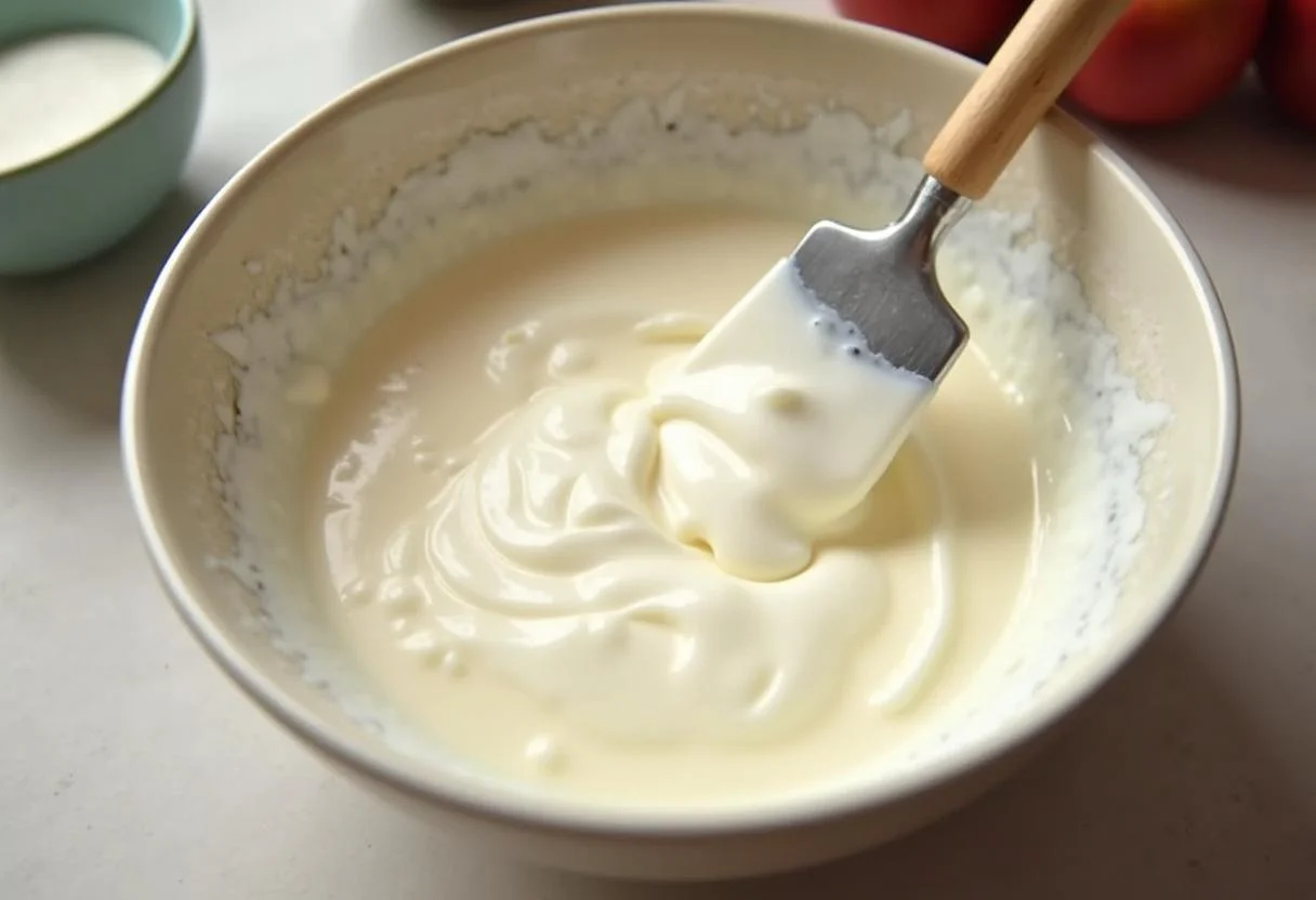 Schlagsahne wird unter die Quark-Apfel-Mischung für den Mandarinen Quark Kuchen Blech gefaltet.