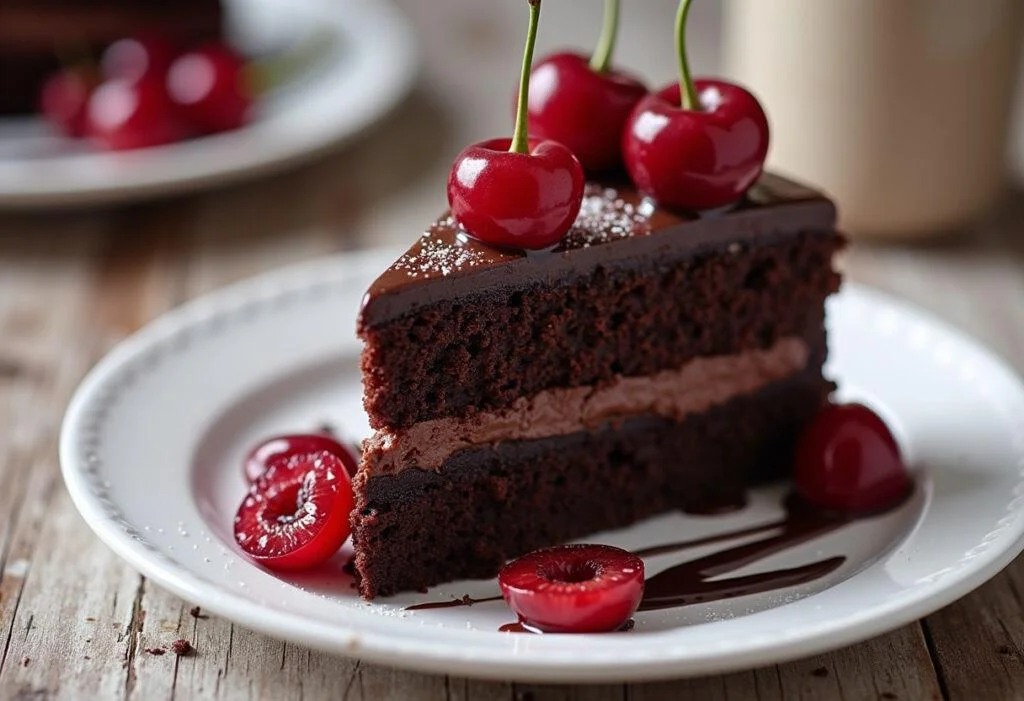 Fertiges Stück veganer Schoko Kirsch Kuchen Schwarzwälder Art mit frischen Kirschen.