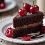 Fertiges Stück veganer Schoko Kirsch Kuchen Schwarzwälder Art mit frischen Kirschen.