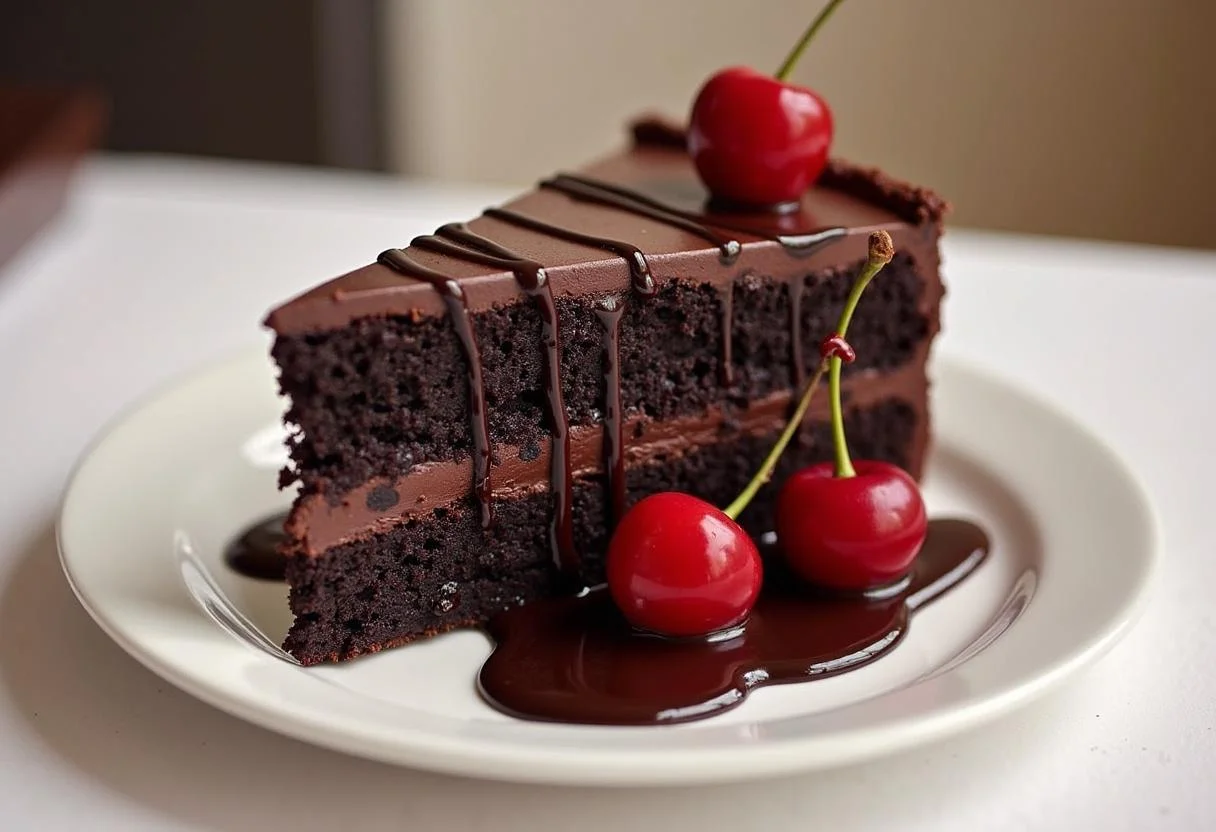 Fertiges Stück veganer Schoko Kirsch Kuchen Schwarzwälder Art mit frischen Kirschen.