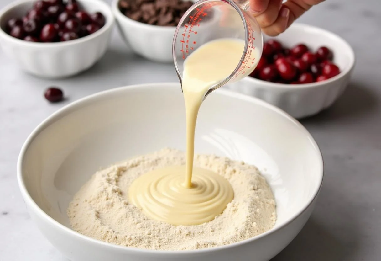 Almond milk being added to the dry ingredients for den besten Schoko Kirsch Kuchen.