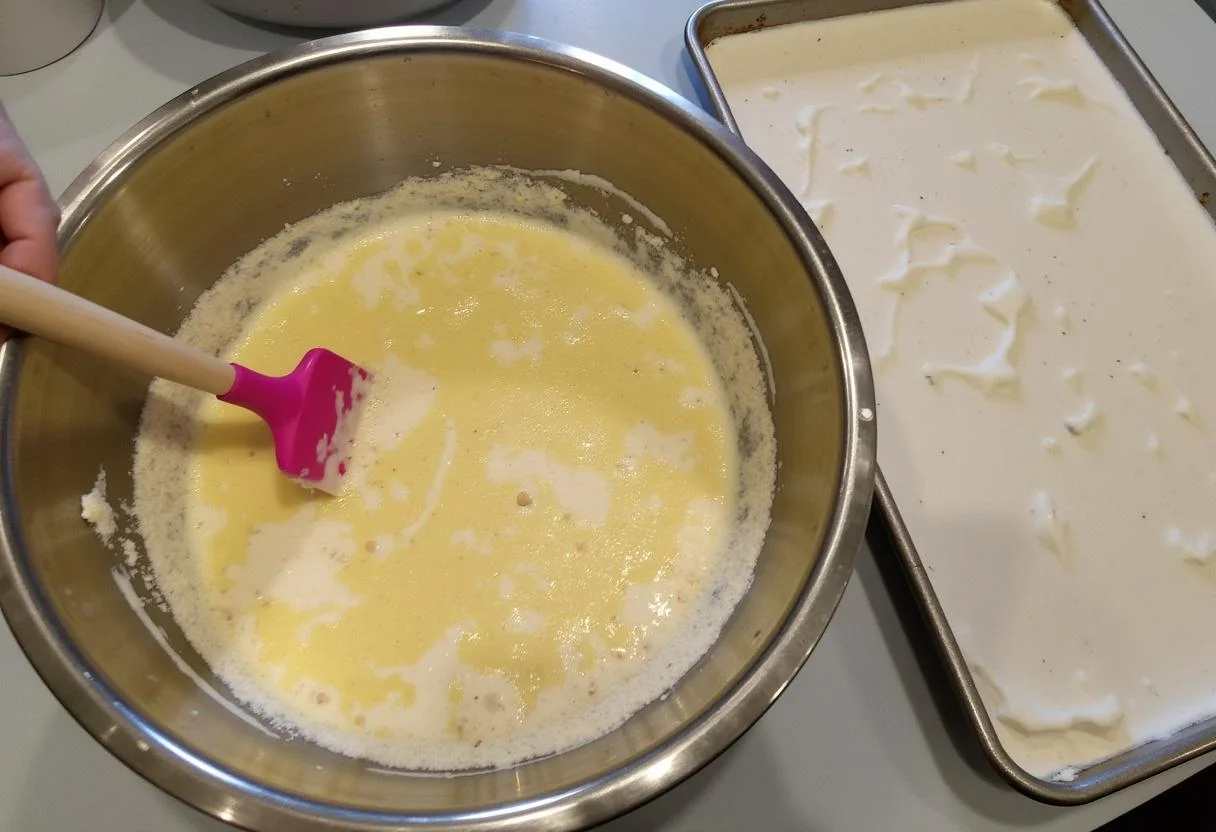 Mischung der Zutaten für den veganen Schoko Kirsch Kuchen in einer Schüssel.