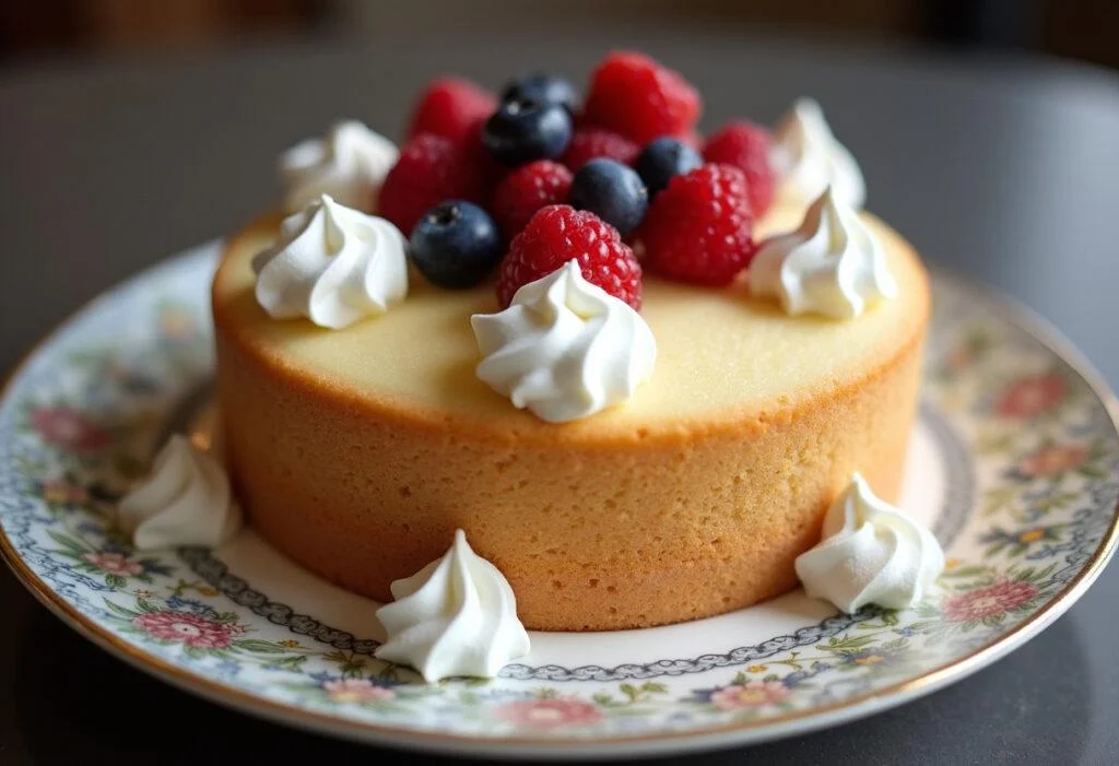 Fertiger Vanillekuchen für Anfänger, dekoriert mit Sahne und Beeren.
