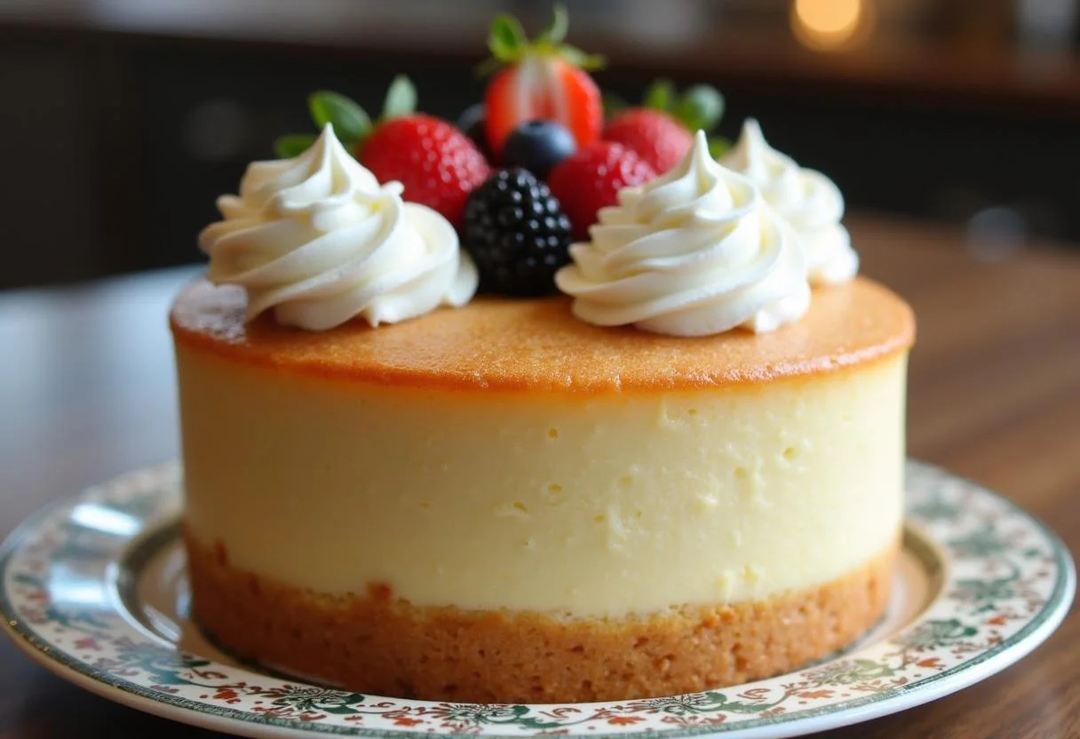 Fertiger Vanillekuchen für Anfänger, dekoriert mit Sahne und Beeren.