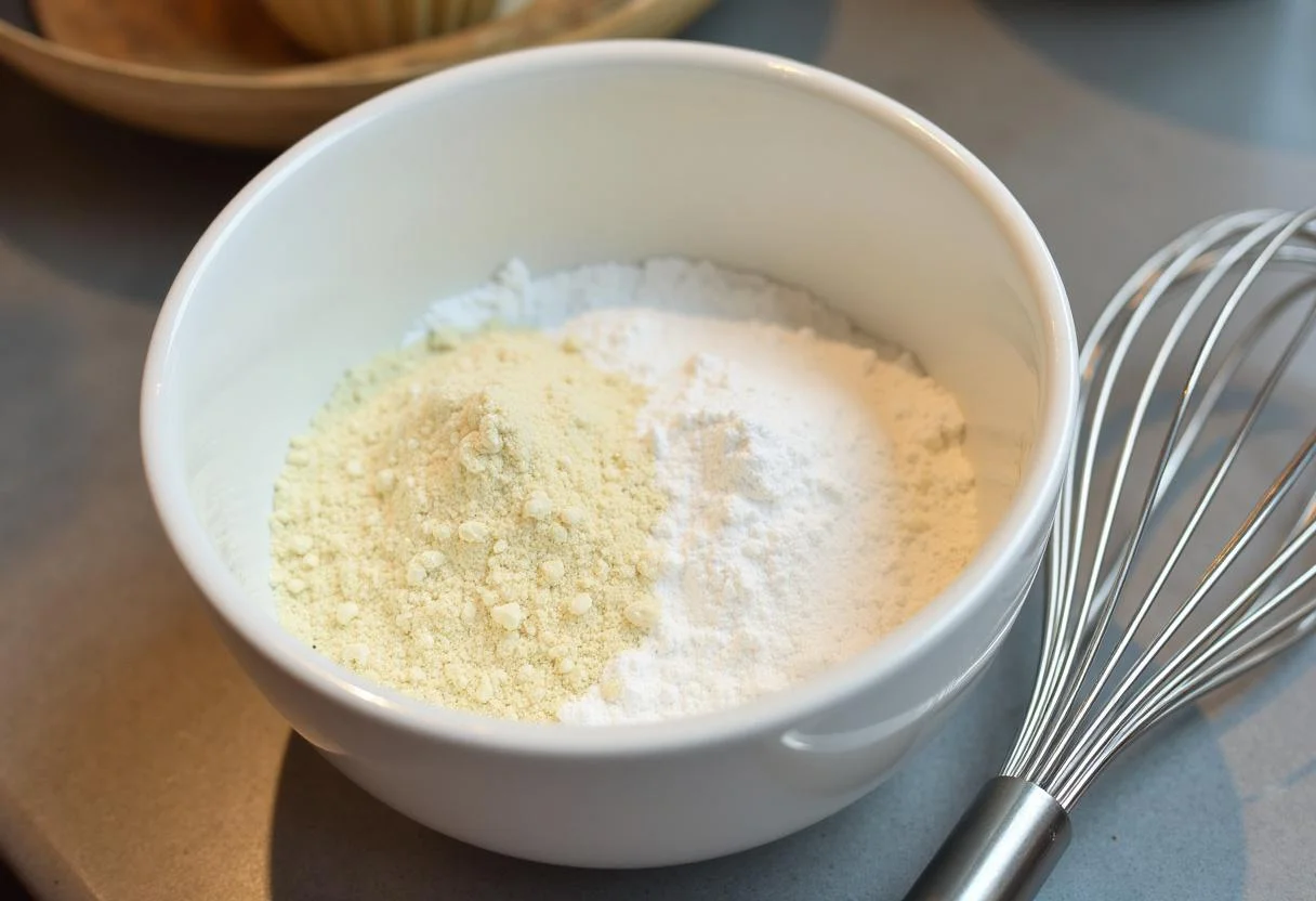 Trockene Zutaten für das beste Kuchen Rezept für Anfänger in einer Schüssel gemischt.