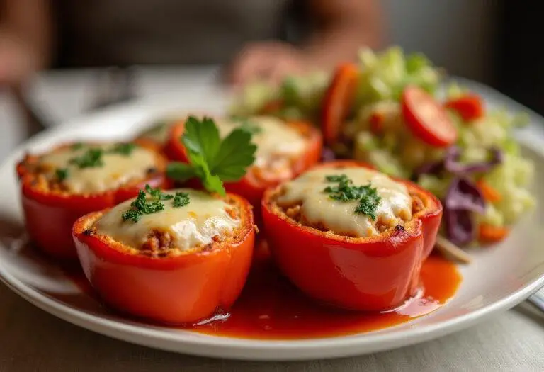 Finished gefüllte paprika dish served with cheese and salad, ideal for family meals.