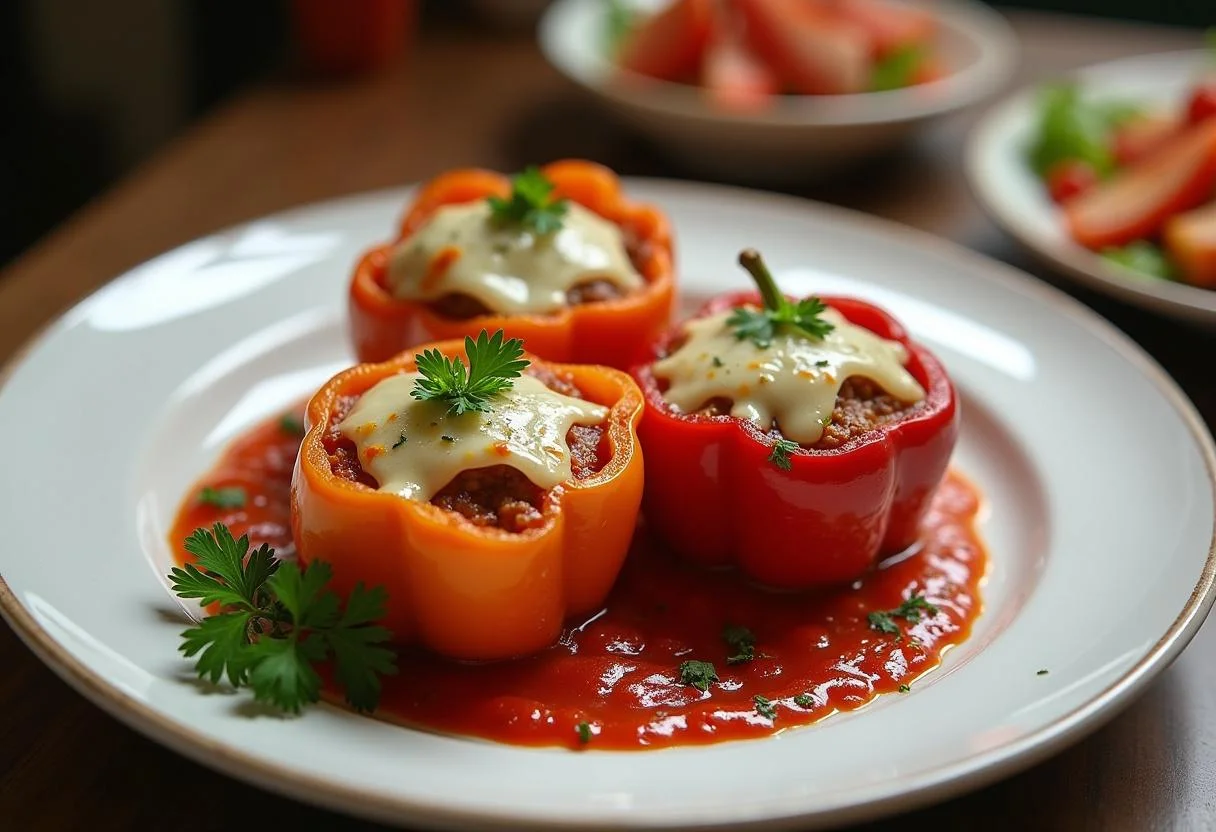 Fertiges Gericht mit gefüllten Paprika, serviert mit Käse und Salat, ideal für Familienmahlzeiten.