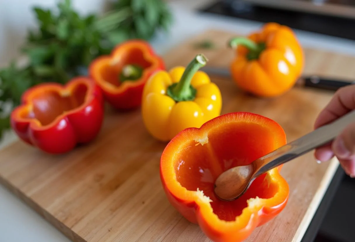 Ausgehöhlte Paprika zur Vorbereitung für das Rezept für gefüllte Paprika mit Hackfleisch.