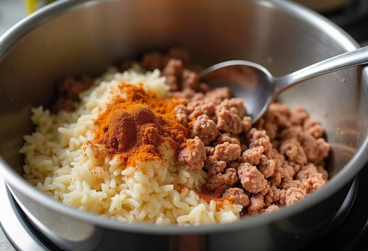Mischen von Reis und Hackfleisch für das Rezept gefüllte Paprika mit Reis und Hackfleisch.