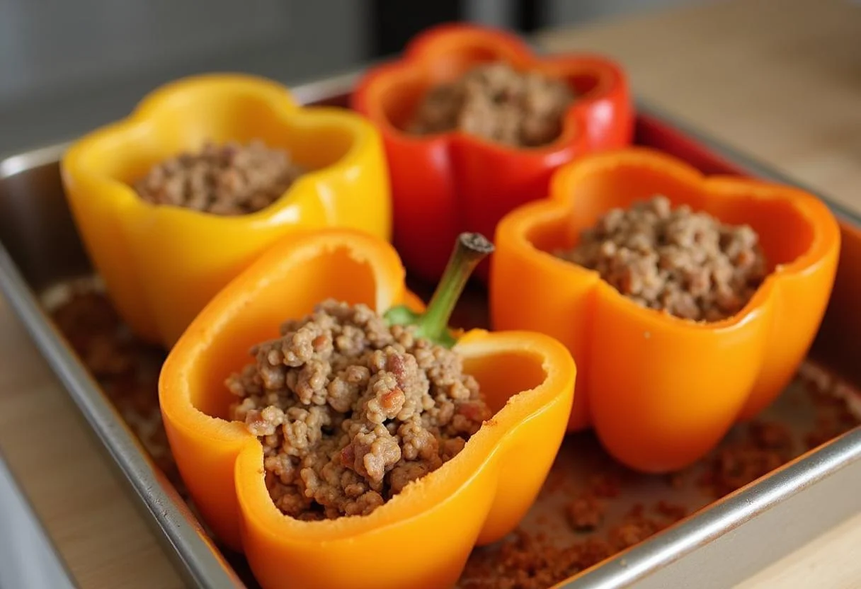 Gefüllte Paprika bereit zum Backen nach dem Rezept gefüllte Paprika mit Hackfleisch und Reis.