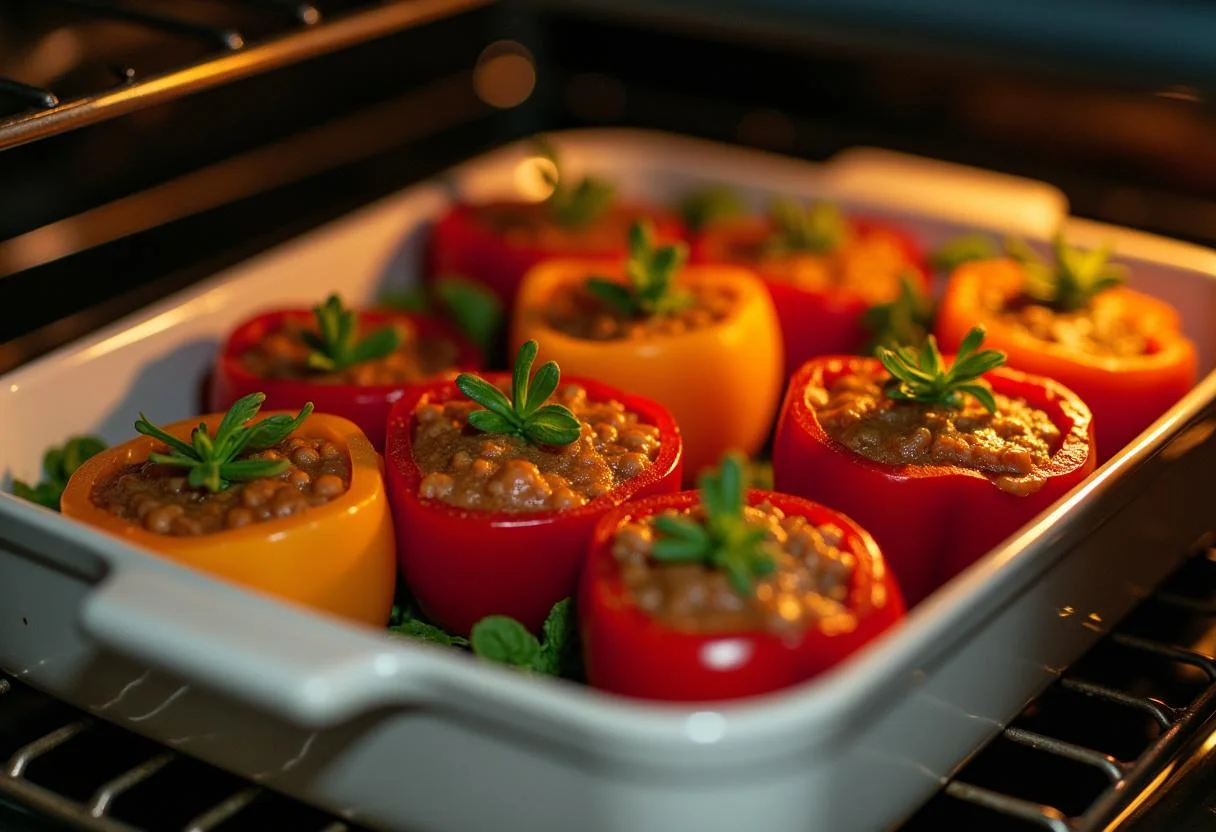 Auflaufform mit gefüllten Paprika, die in den Ofen gestellt werden, um gefüllte Paprika zuzubereiten.