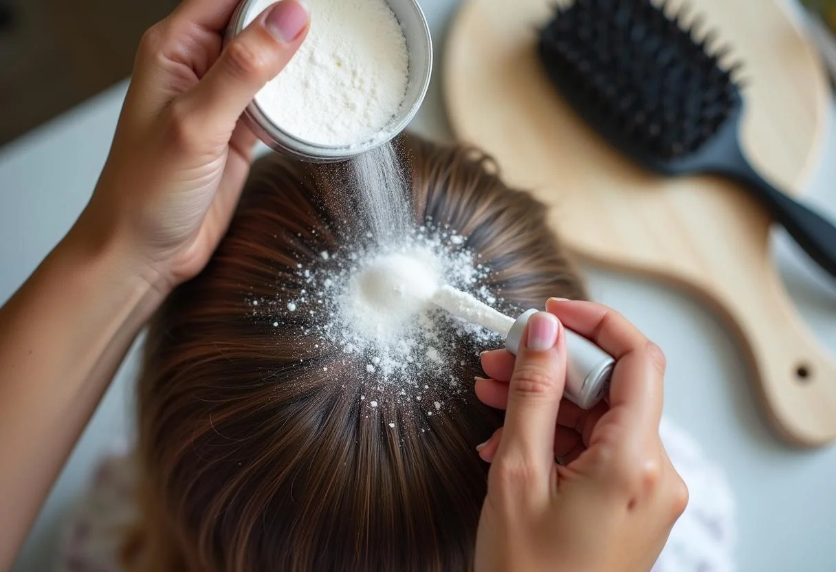 Anwendung von Volumen Puder auf feinem Haar für effektives Styling.