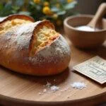 Fertiges Brot zum Einzug auf einem Holzbrett, dekoriert mit Salz und einem Spruch für den Einzug.
