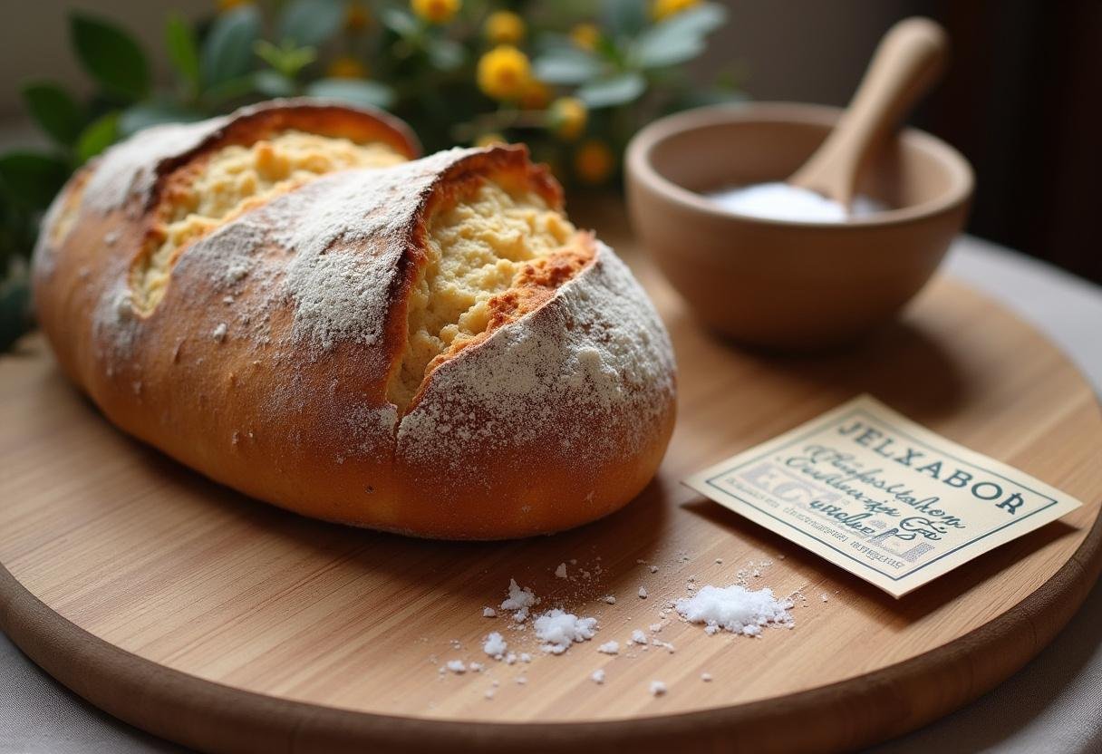 Fertiges Brot zum Einzug auf einem Holzbrett, dekoriert mit Salz und einem Spruch für den Einzug.