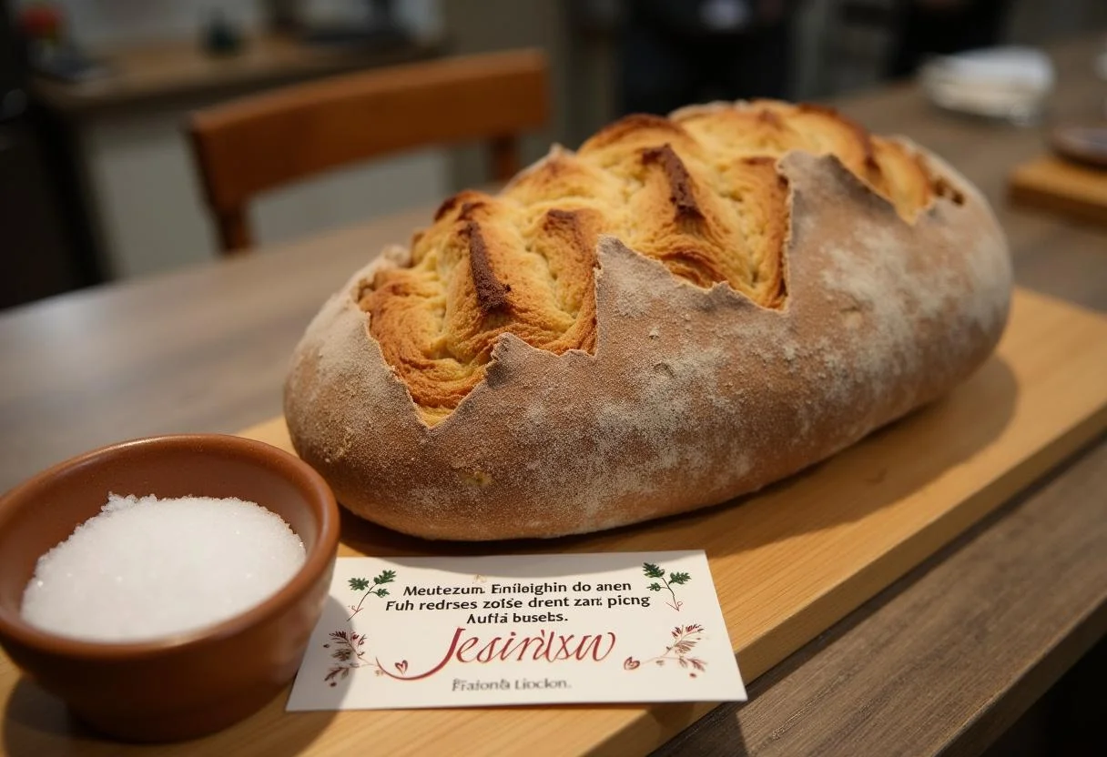 Fertiges Brot zum Einzug auf einem Holzbrett, dekoriert mit Salz und einem Spruch für den Einzug.