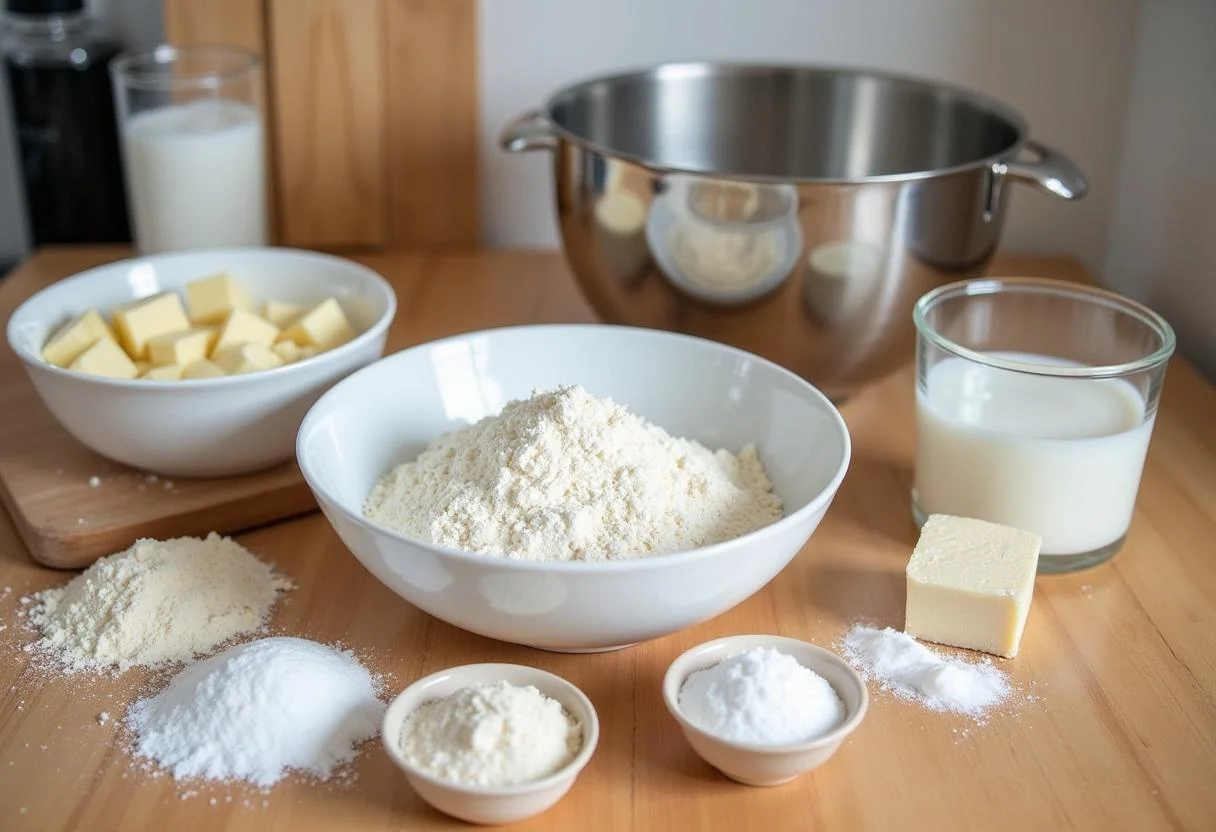 Zutaten für Brot zum Einzug: Mehl, Hefe, Salz und Wasser auf dem Küchentisch vorbereitet.