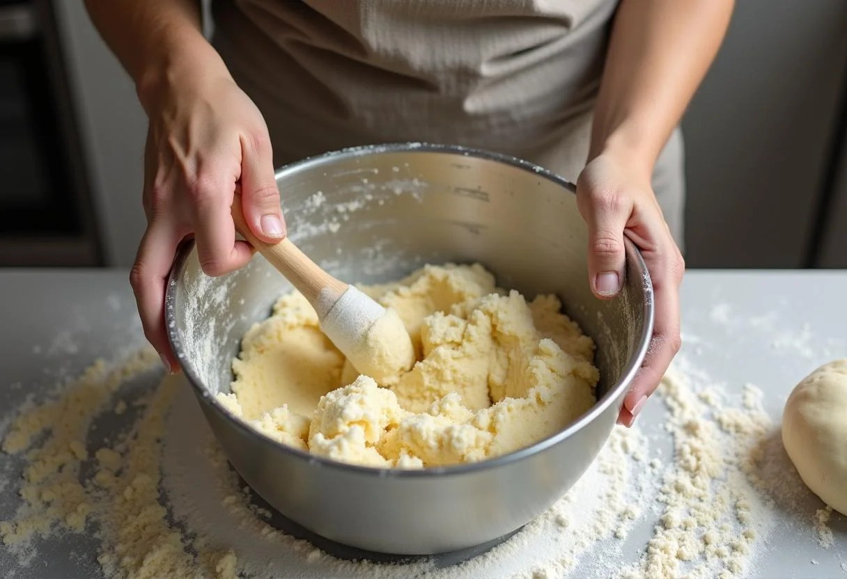 Mixing ingredients for Einzug Brot und Salz in a large bowl, creating dough for the traditional bread.