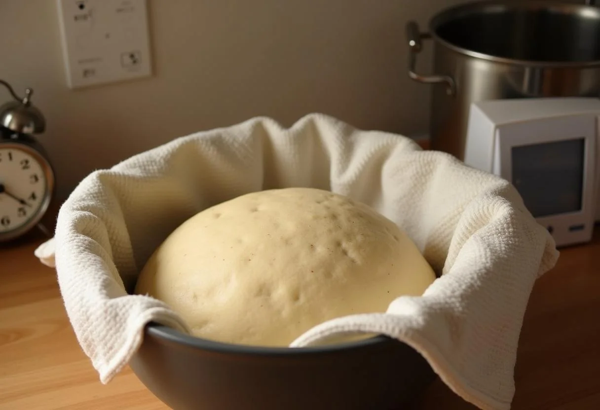 Der Teig für Brot zum Einzug ruht in einer Schüssel, mit einem Küchentuch abgedeckt, damit er aufgeht.