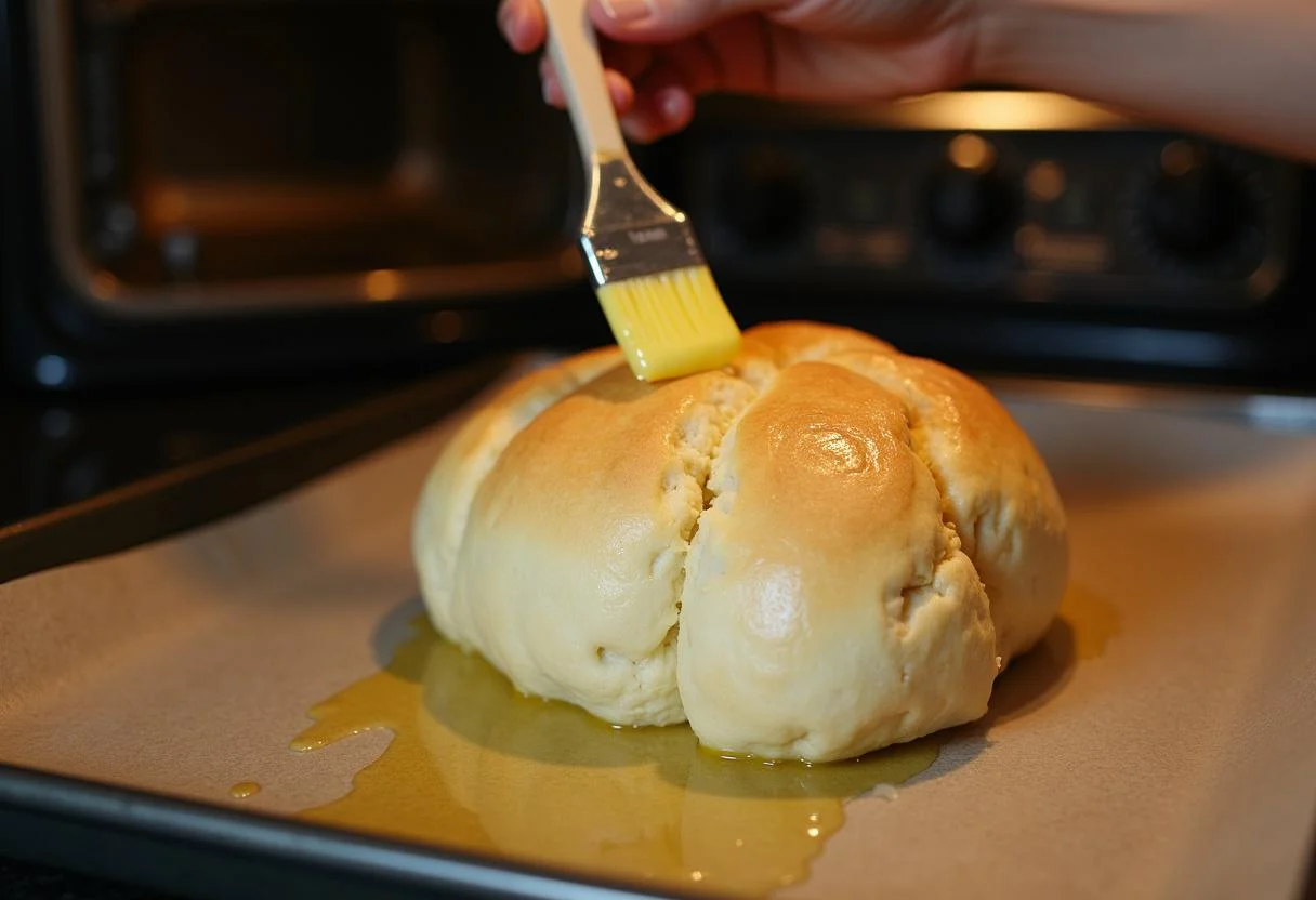 Formen des Brotes zum Einzug und Bestreichen mit geschmolzener Butter vor dem Backen im Ofen.
