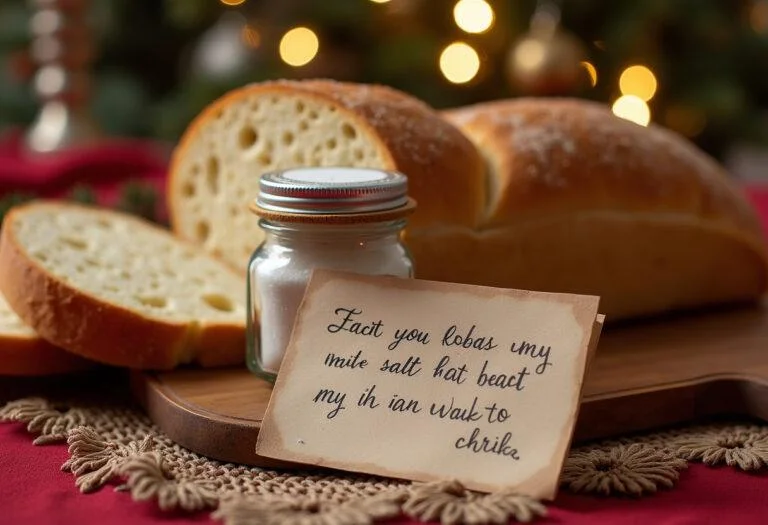 Traditionelles Geschenk mit Brot und Salz auf einem festlichen Tisch für den Einzug.