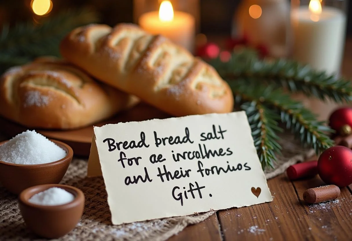 Traditionelles Geschenk mit Brot und Salz auf einem festlichen Tisch für den Einzug.