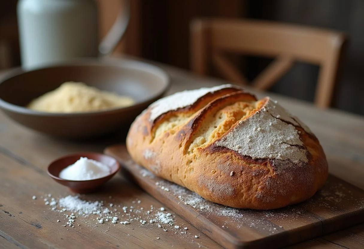 Salz und Brot auf einem Holztisch für ein traditionelles Einzugsgeschenk.