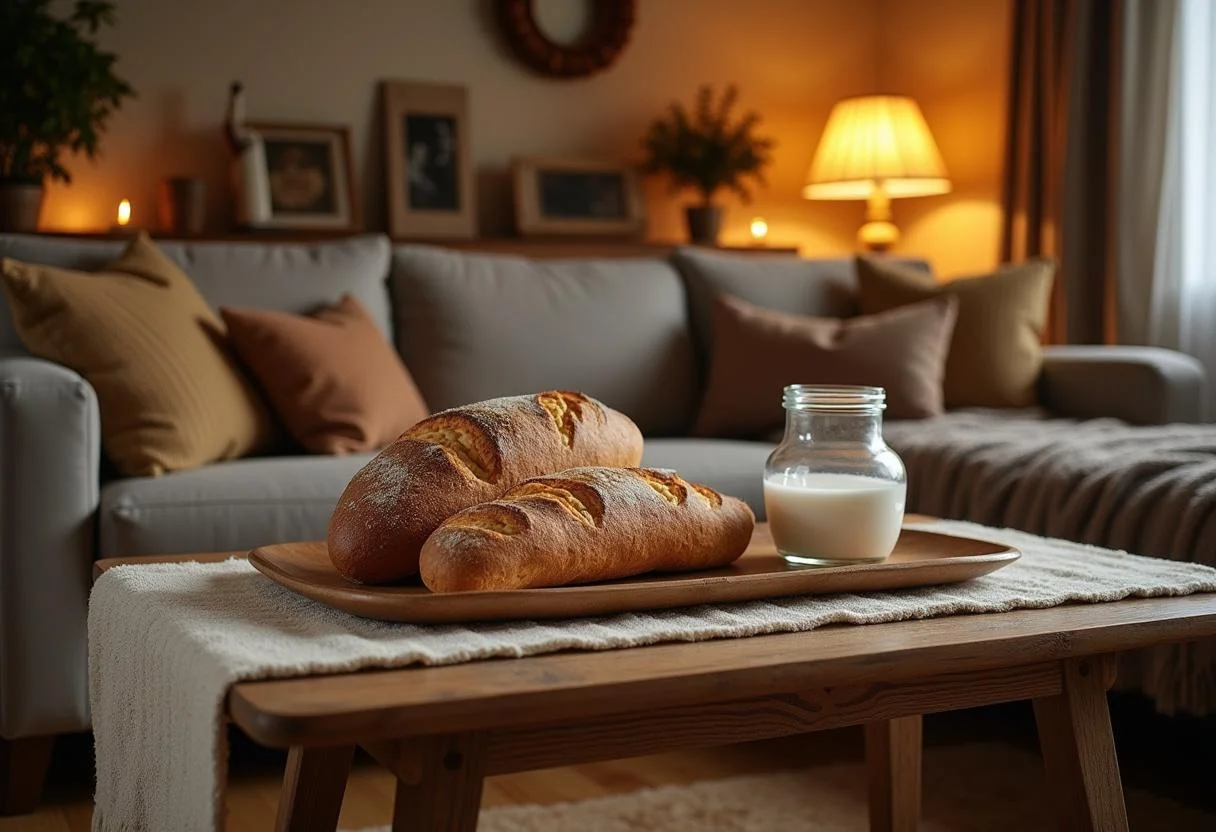Willkommenstisch mit Brot und Salz als Einzugsgeschenk in einem gemütlichen Wohnzimmer.