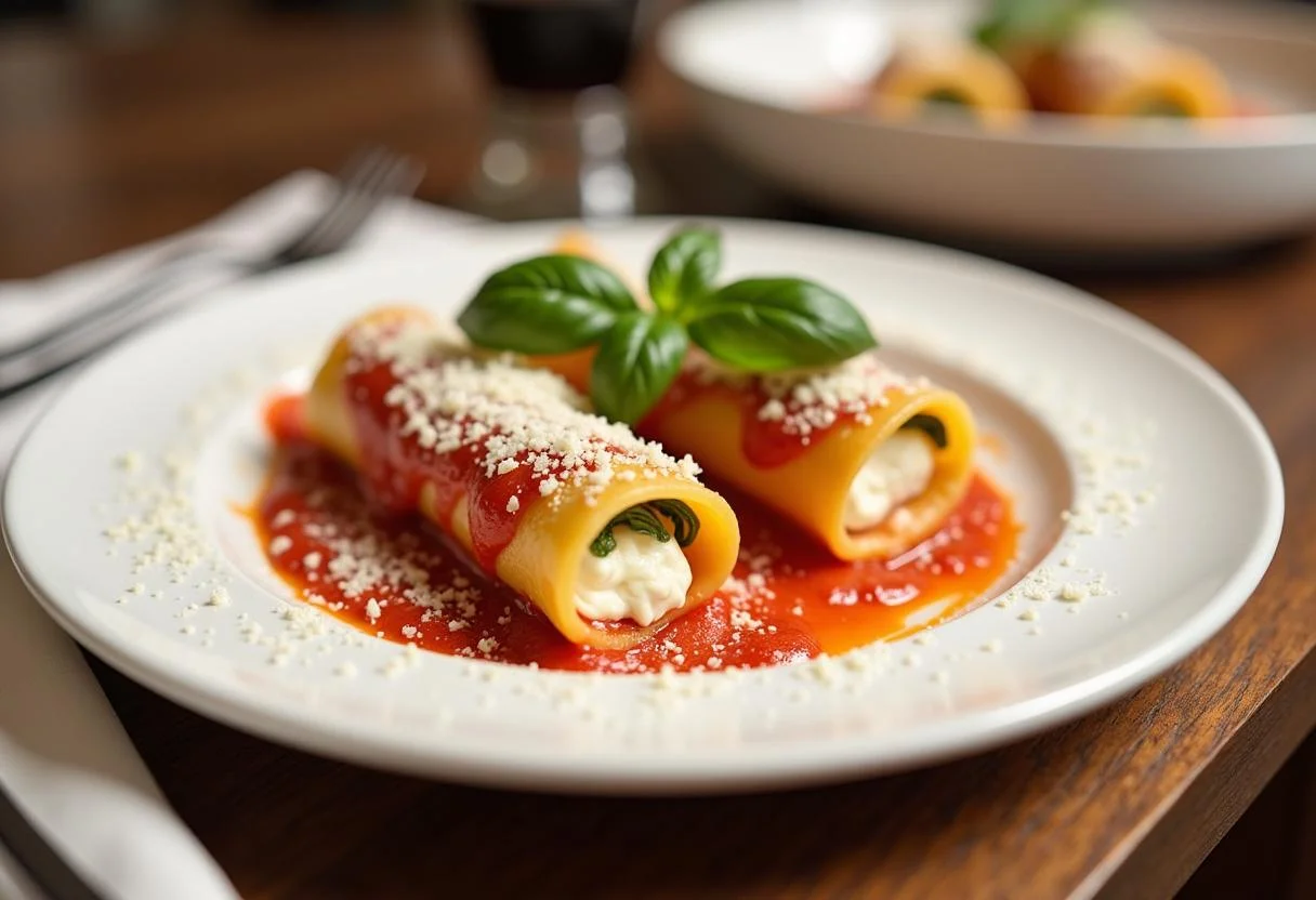 Finished cannelloni mit spinat ricotta presented on a plate, perfect for a comforting meal.