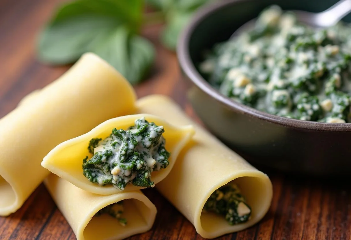 Uncooked cannelloni tubes and spinach ricotta filling prepared for cannelloni mit spinat ricotta recipe.