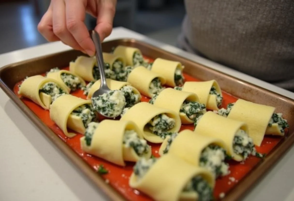 Filling cannelloni tubes with spinach ricotta mixture for cannelloni spinat rezept.