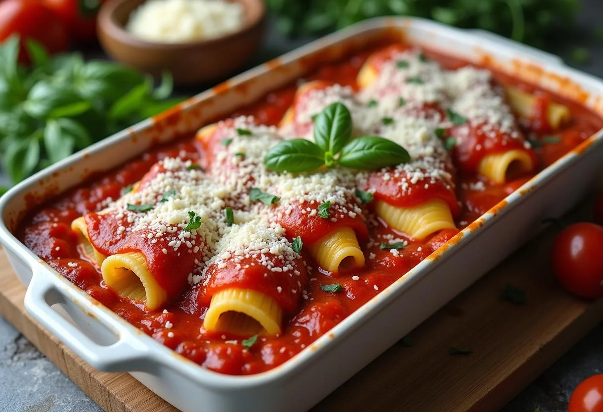 Cannelloni mit spinat ricotta filled and topped with sauce ready for baking.