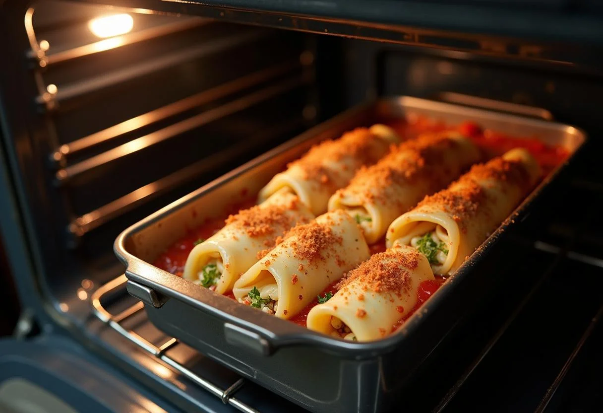 Baking dish of cannelloni mit spinat ricotta being placed in the oven for cooking.