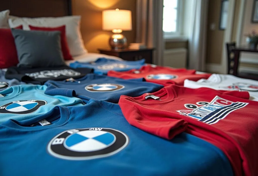Fertige Präsentation von BMW-Tee-Shirts auf einem Bett, ideal für Teeliebhaber.