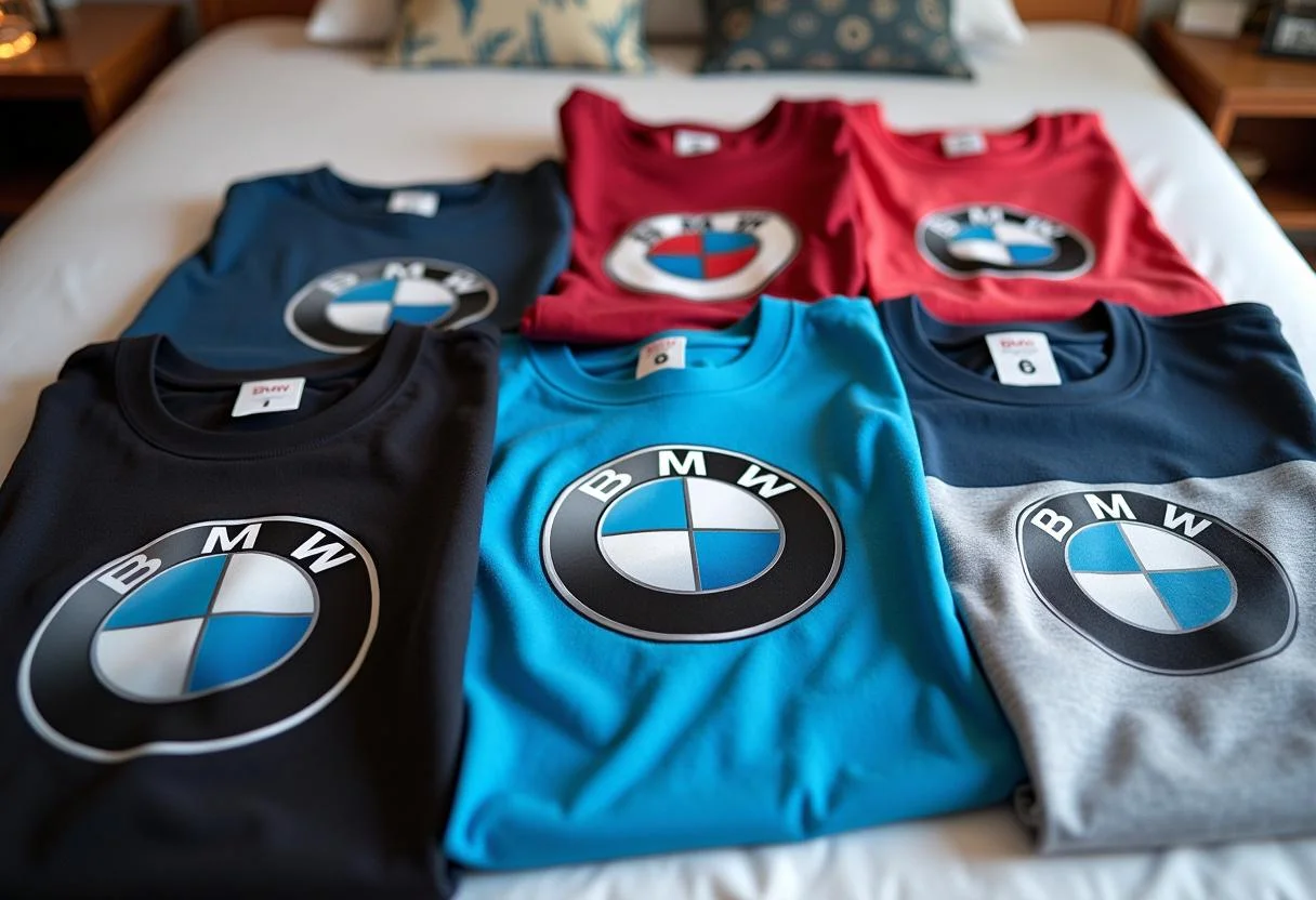 Fertige Präsentation von BMW-Tee-Shirts auf einem Bett, ideal für Teeliebhaber.