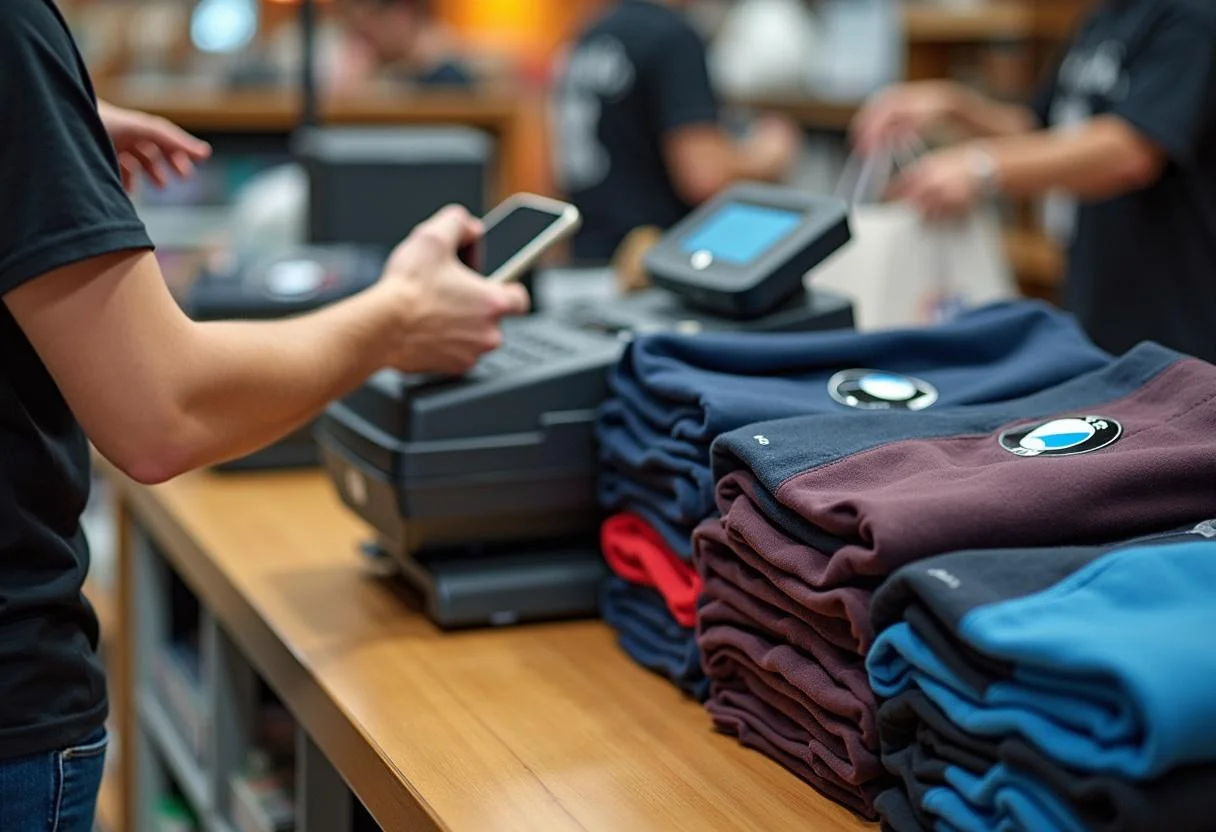 Einkaufstasche mit BMW-Tee-Shirts am Kassentresen für Teeliebhaber.