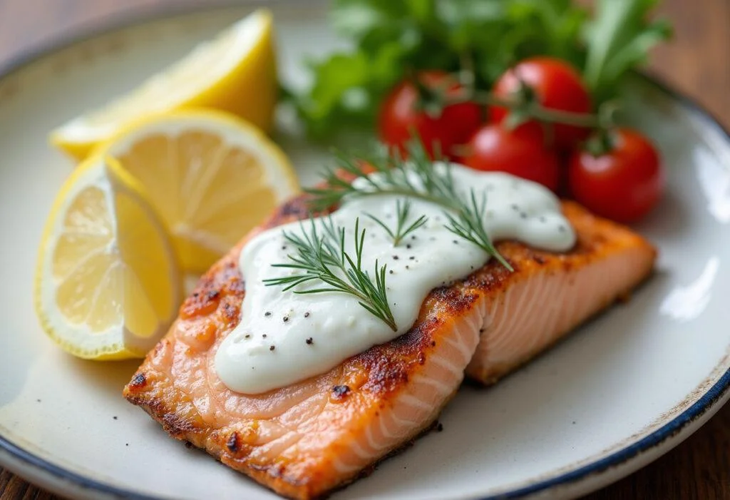 Grilllachs mit cremiger Dillsoße, perfekt für ein Fischgericht.