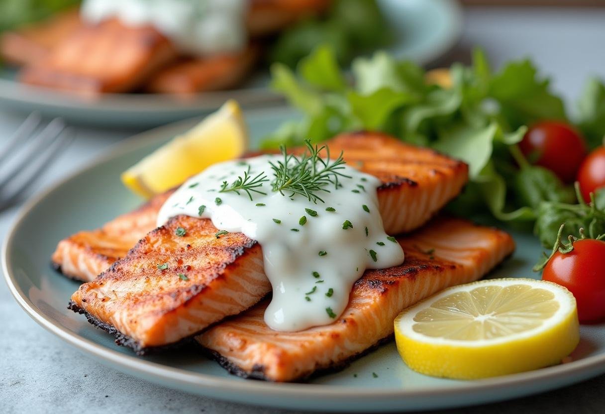 Grilllachs mit cremiger Dillsoße, perfekt für ein Fischgericht.