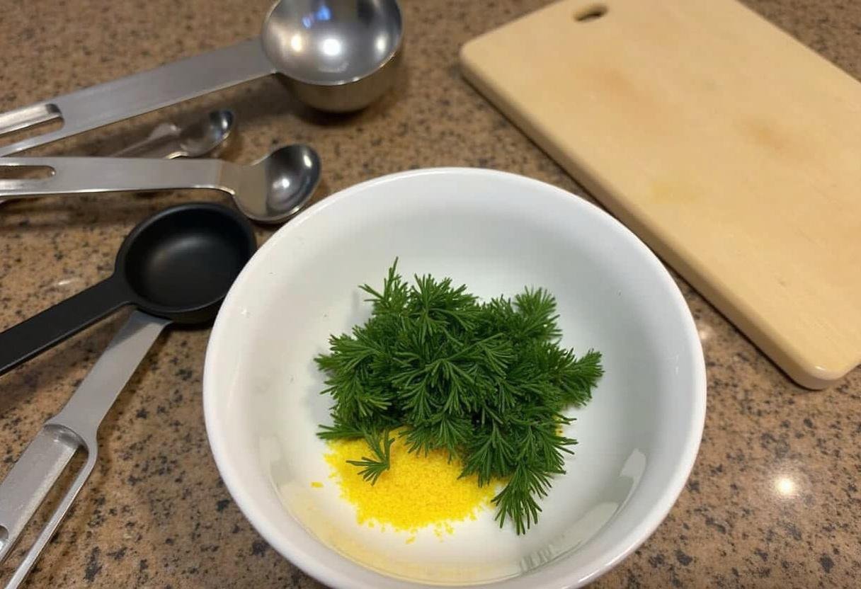 Frische Dill und Zitronenschale für die cremige Dillsoße für Fisch vorbereiten.