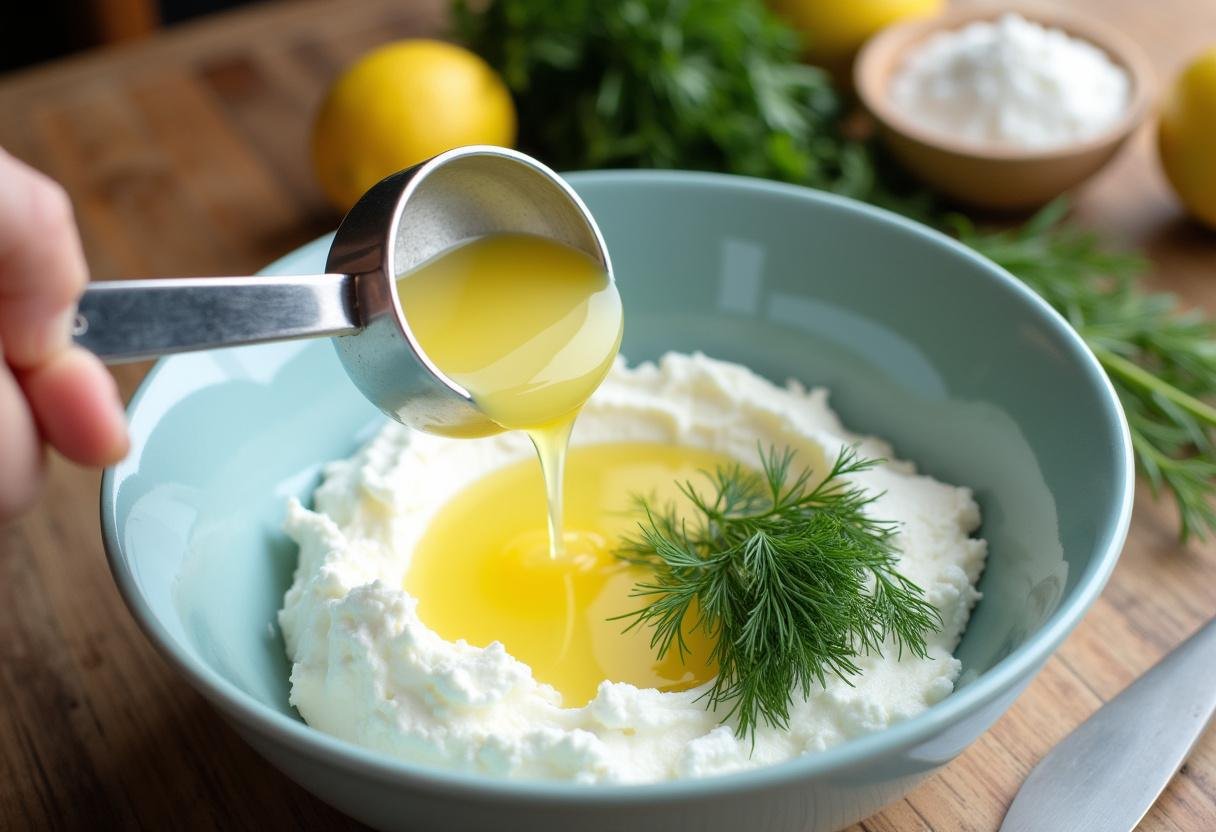 Zitronensaft wird der Dillsoße mit Fisch hinzugefügt für den perfekten Geschmack.