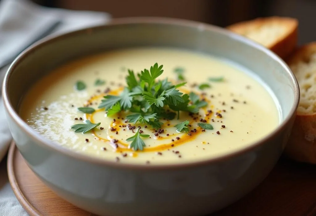 Fertige cremige Käse Lauch Suppe serviert mit frischen Kräutern und Brot.