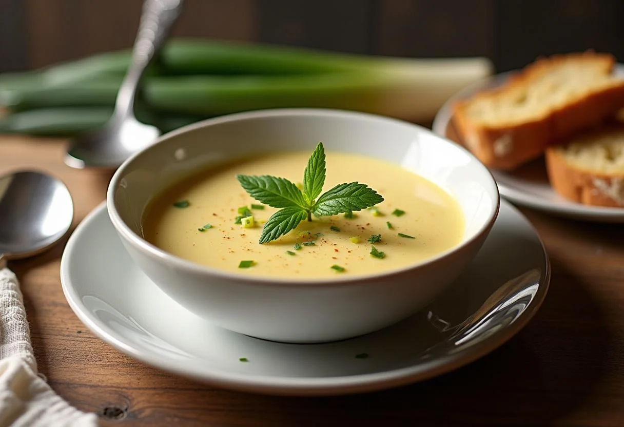 Fertige cremige Käse Lauch Suppe serviert mit frischen Kräutern und Brot.
