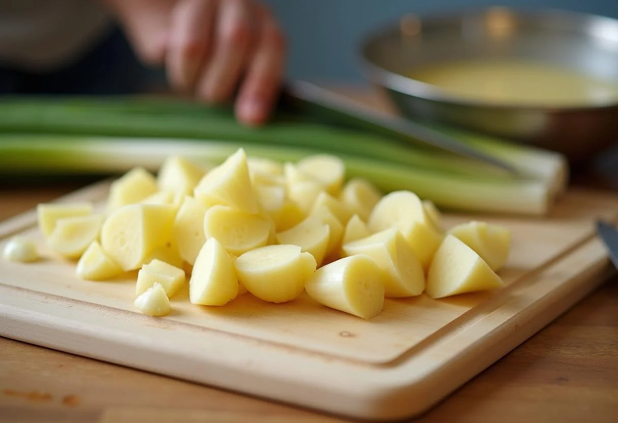 Frische Lauch und Kartoffeln werden für das Käse Lauch Suppe Rezept zubereitet.