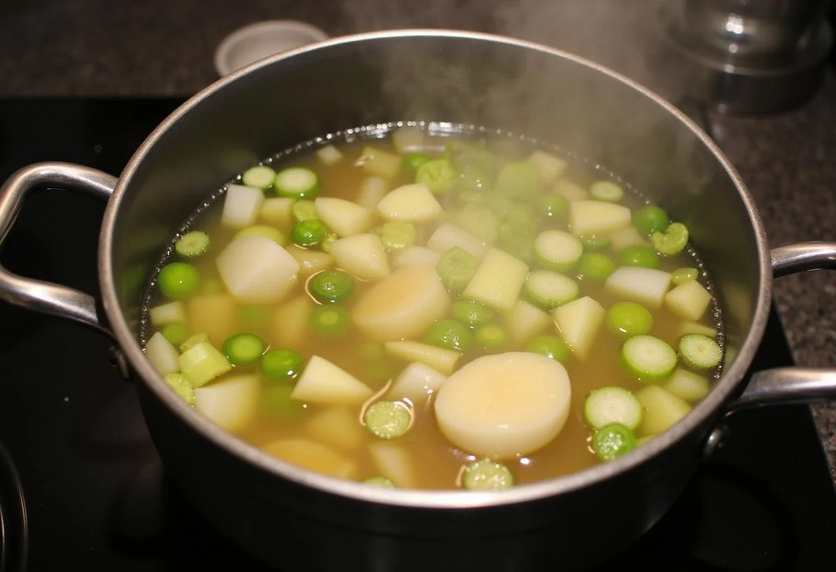 Lauch und Kartoffeln in Gemüsebrühe für das cremige Käse Lauch Suppe Rezept kochen.